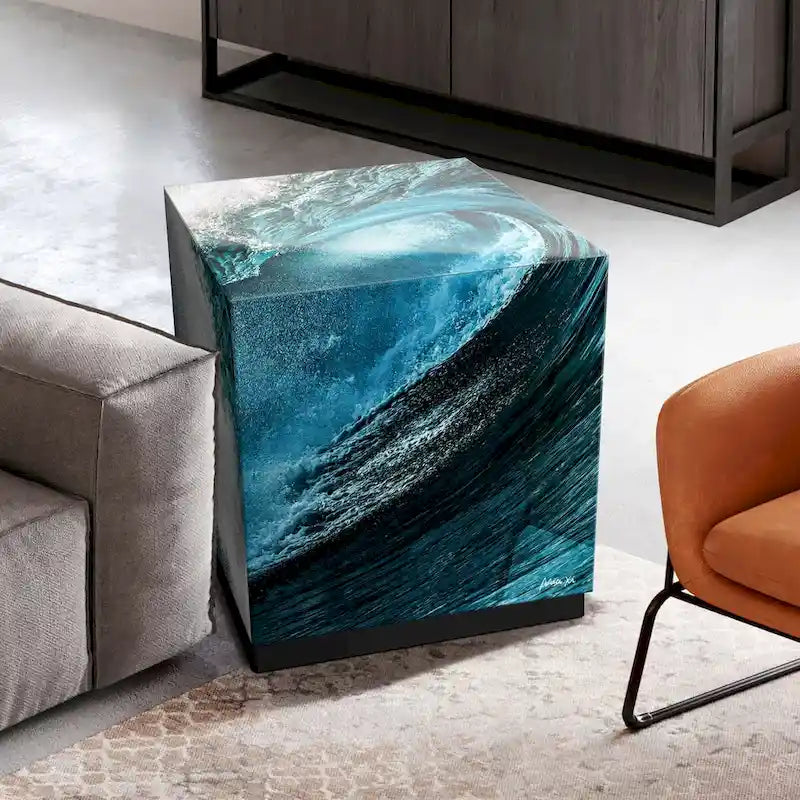 Sapphire Sea Beveled Art Glass Cocktail Table with Black Plinth Base - Reverse Printed Design 13