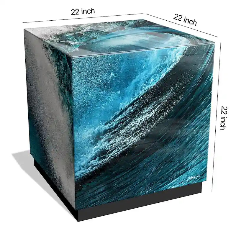Sapphire Sea Beveled Art Glass Cocktail Table with Black Plinth Base - Reverse Printed Design 15