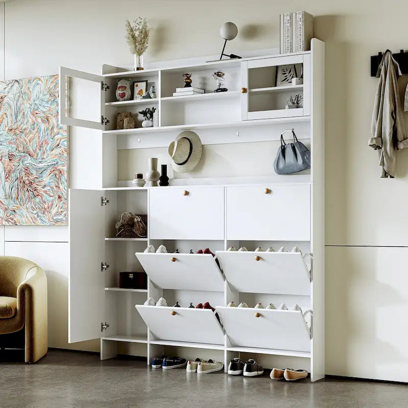 Elegant Hall Tree Shoe Cabinet with Storage Shelf, 6 Flip Drawers, Tempered Glass Doors, and 4 Hooks 19