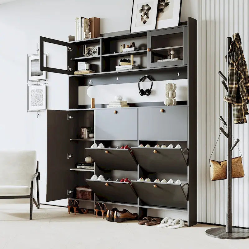 Elegant Hall Tree Shoe Cabinet with Storage Shelf, 6 Flip Drawers, Tempered Glass Doors, and 4 Hooks 1