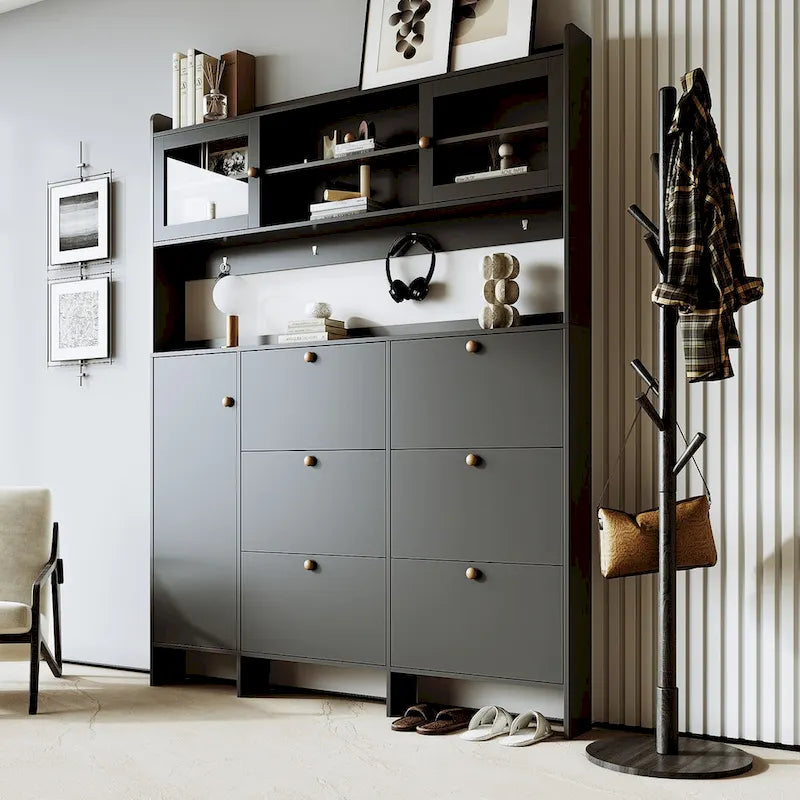 Elegant Hall Tree Shoe Cabinet with Storage Shelf, 6 Flip Drawers, Tempered Glass Doors, and 4 Hooks 2
