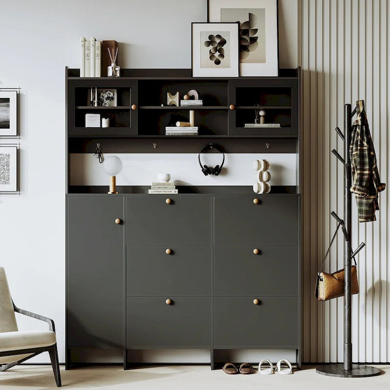 Elegant Hall Tree Shoe Cabinet with Storage Shelf, 6 Flip Drawers, Tempered Glass Doors, and 4 Hooks 3