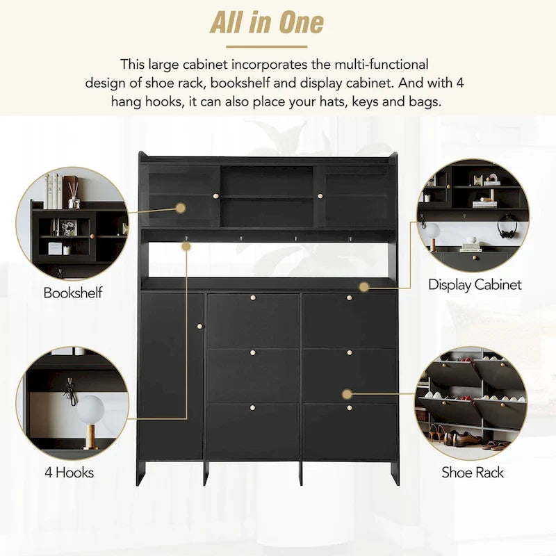 Elegant Hall Tree Shoe Cabinet with Storage Shelf, 6 Flip Drawers, Tempered Glass Doors, and 4 Hooks 4