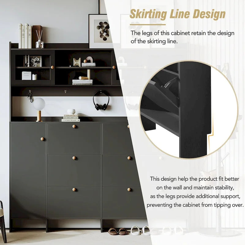 Elegant Hall Tree Shoe Cabinet with Storage Shelf, 6 Flip Drawers, Tempered Glass Doors, and 4 Hooks 5