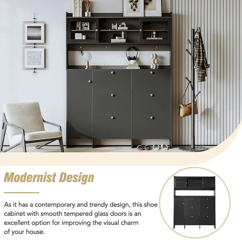Elegant Hall Tree Shoe Cabinet with Storage Shelf, 6 Flip Drawers, Tempered Glass Doors, and 4 Hooks 6
