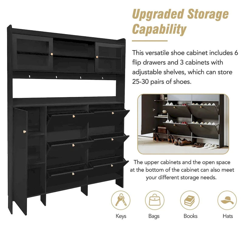 Elegant Hall Tree Shoe Cabinet with Storage Shelf, 6 Flip Drawers, Tempered Glass Doors, and 4 Hooks 7