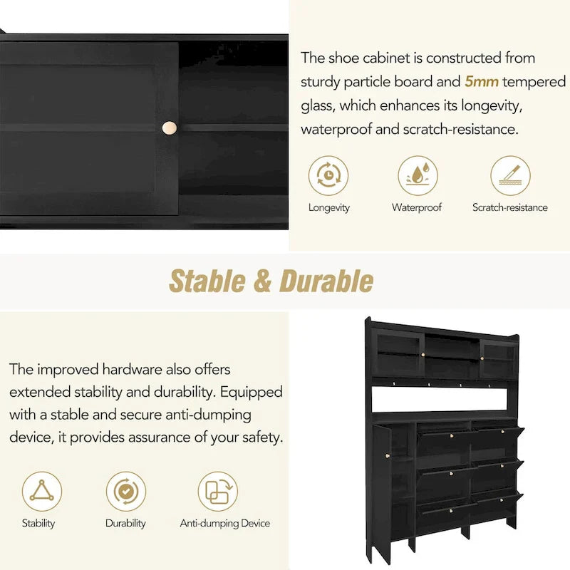 Elegant Hall Tree Shoe Cabinet with Storage Shelf, 6 Flip Drawers, Tempered Glass Doors, and 4 Hooks 8