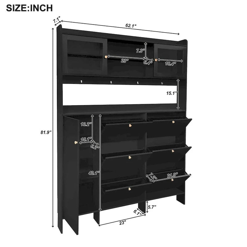 Elegant Hall Tree Shoe Cabinet with Storage Shelf, 6 Flip Drawers, Tempered Glass Doors, and 4 Hooks 9