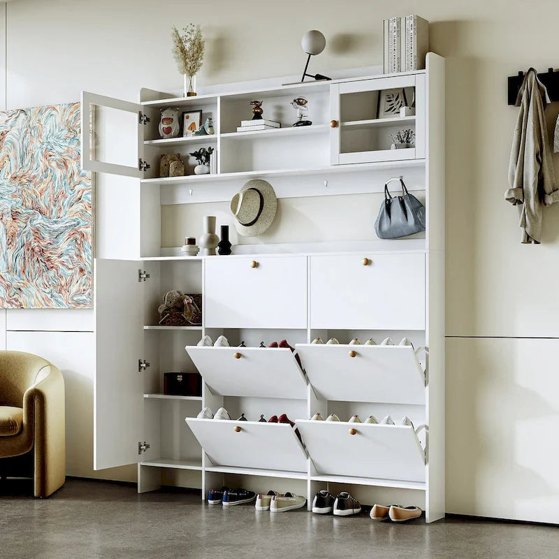 Elegant Hall Tree Shoe Cabinet with Storage Shelf, 6 Flip Drawers, Tempered Glass Doors, and 4 Hooks 10