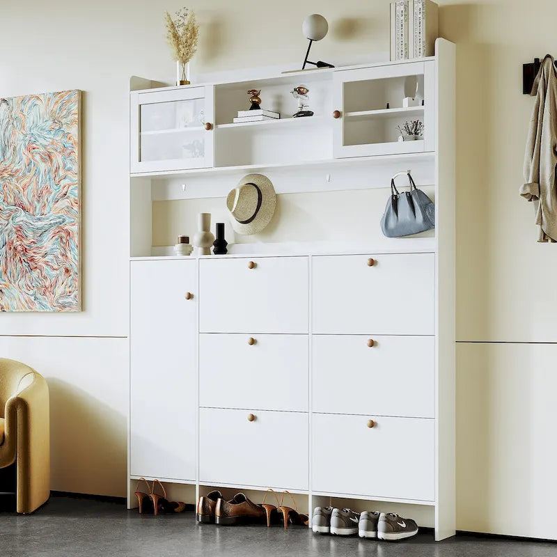 Elegant Hall Tree Shoe Cabinet with Storage Shelf, 6 Flip Drawers, Tempered Glass Doors, and 4 Hooks 11