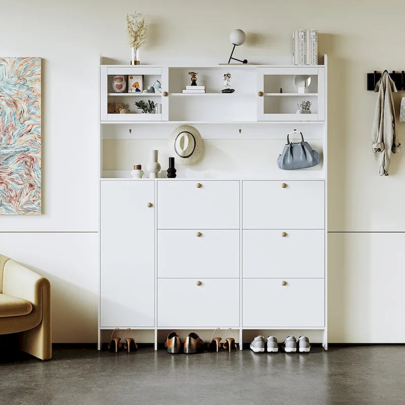 Elegant Hall Tree Shoe Cabinet with Storage Shelf, 6 Flip Drawers, Tempered Glass Doors, and 4 Hooks 12