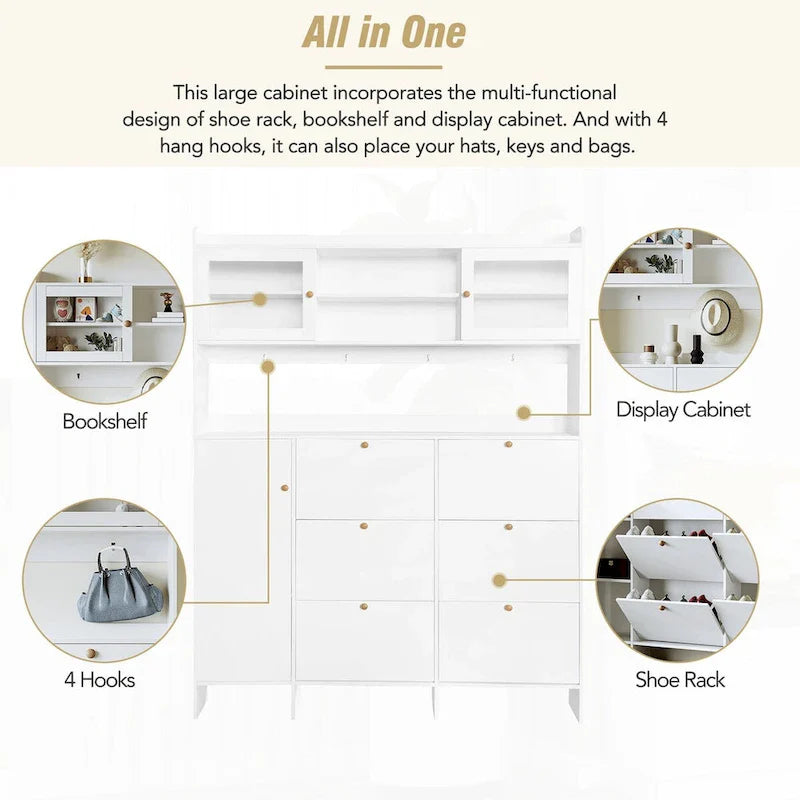 Elegant Hall Tree Shoe Cabinet with Storage Shelf, 6 Flip Drawers, Tempered Glass Doors, and 4 Hooks 13