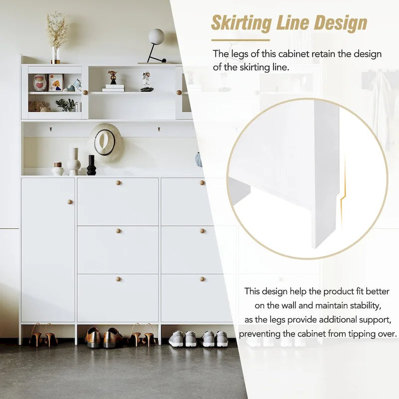 Elegant Hall Tree Shoe Cabinet with Storage Shelf, 6 Flip Drawers, Tempered Glass Doors, and 4 Hooks 14