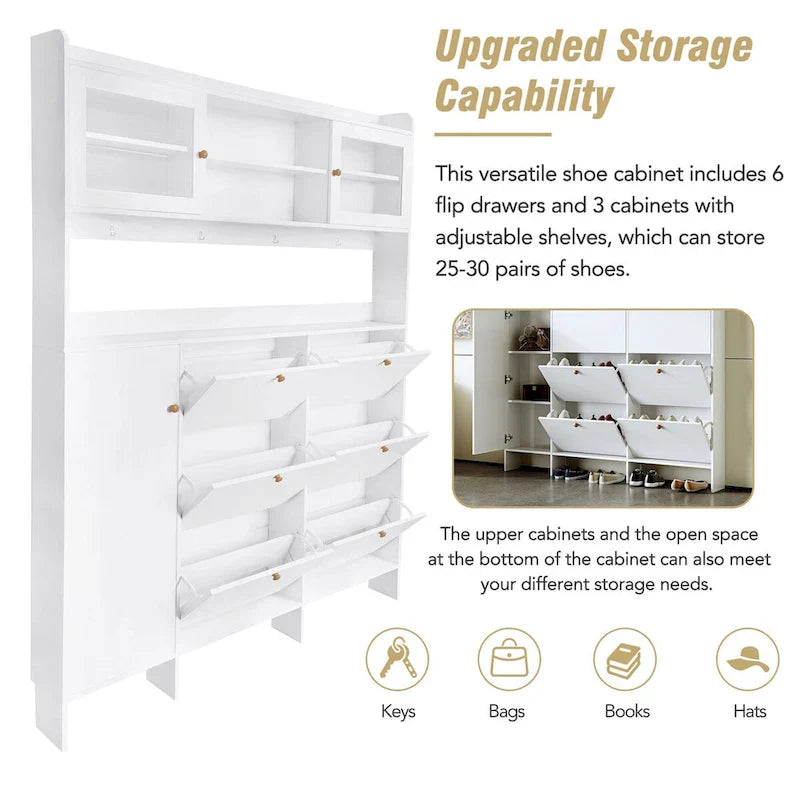 Elegant Hall Tree Shoe Cabinet with Storage Shelf, 6 Flip Drawers, Tempered Glass Doors, and 4 Hooks 16