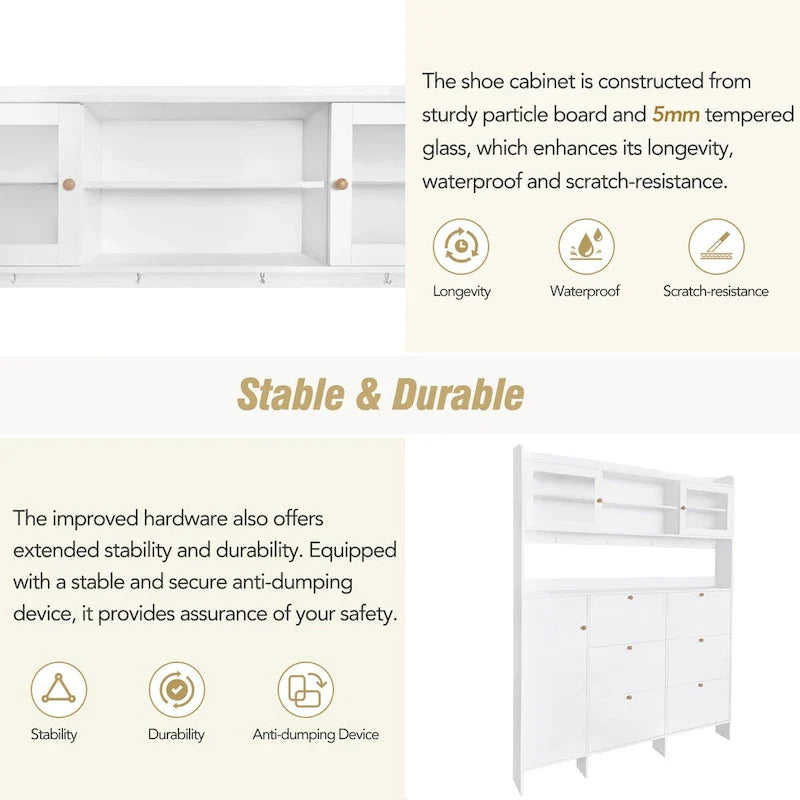 Elegant Hall Tree Shoe Cabinet with Storage Shelf, 6 Flip Drawers, Tempered Glass Doors, and 4 Hooks 17