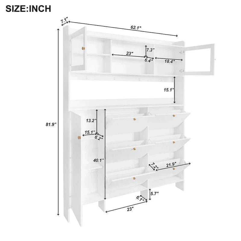 Elegant Hall Tree Shoe Cabinet with Storage Shelf, 6 Flip Drawers, Tempered Glass Doors, and 4 Hooks 18