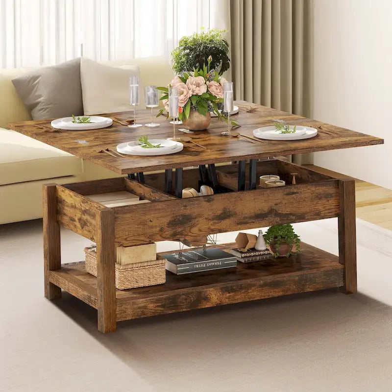 Moasis Farmhouse Lift-Top Coffee Table with Expandable Surface, Hidden Storage, and Shelf for Living Room 18