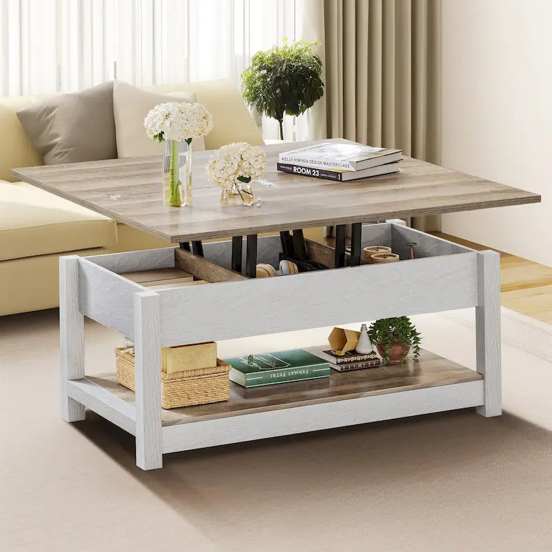Moasis Farmhouse Lift-Top Coffee Table with Expandable Surface, Hidden Storage, and Shelf for Living Room 19