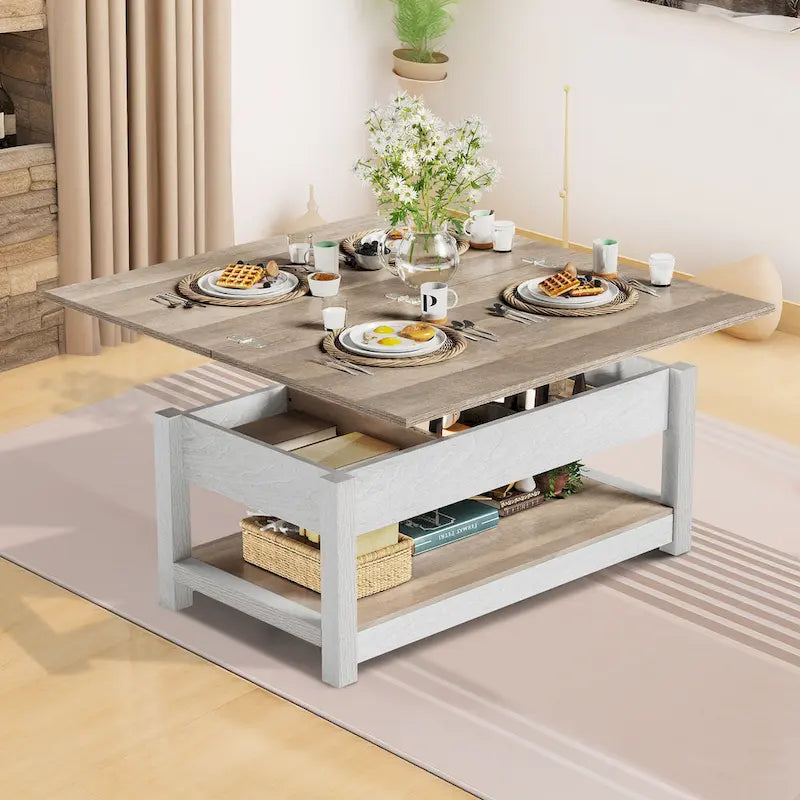 Moasis Farmhouse Lift-Top Coffee Table with Expandable Surface, Hidden Storage, and Shelf for Living Room 2