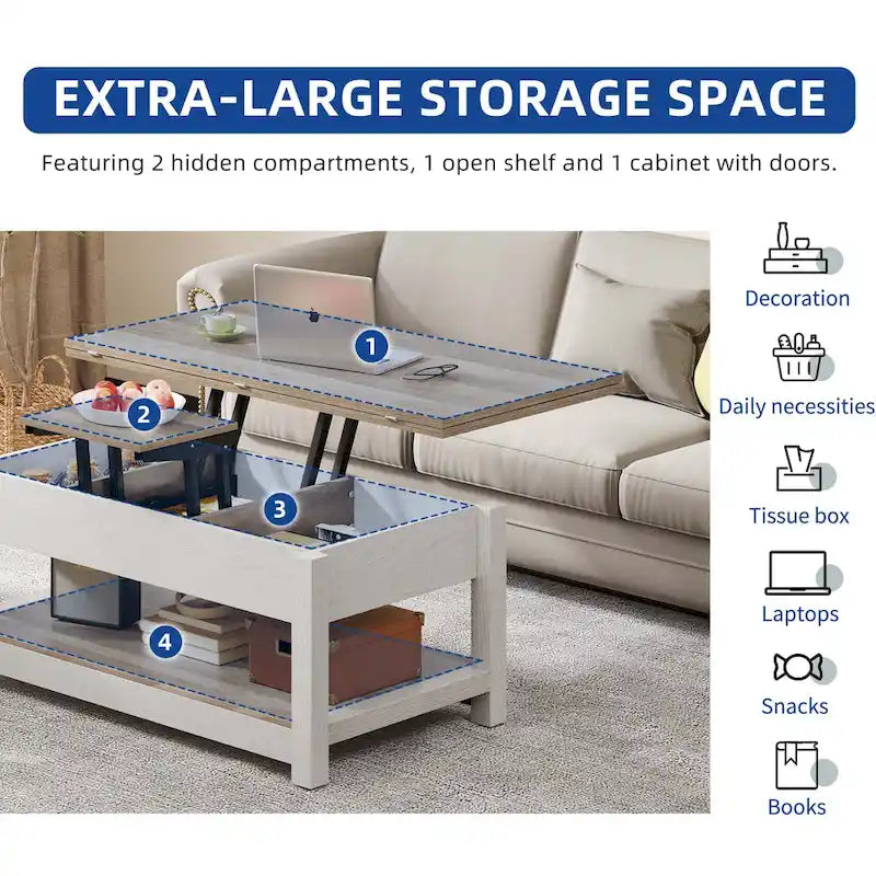 Moasis Farmhouse Lift-Top Coffee Table with Expandable Surface, Hidden Storage, and Shelf for Living Room 3