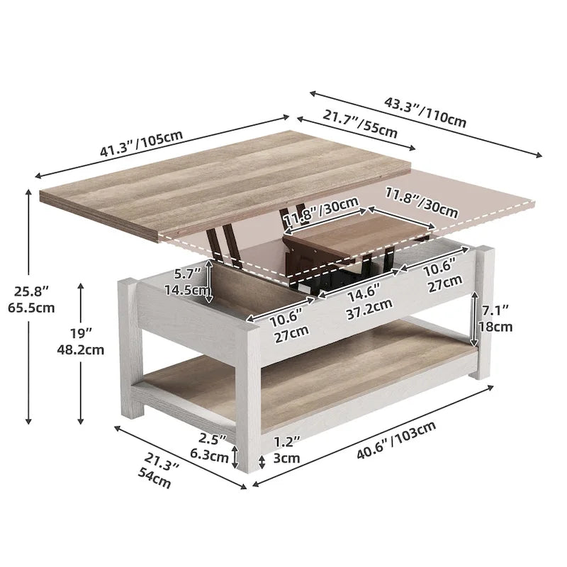 Moasis Farmhouse Lift-Top Coffee Table with Expandable Surface, Hidden Storage, and Shelf for Living Room 6