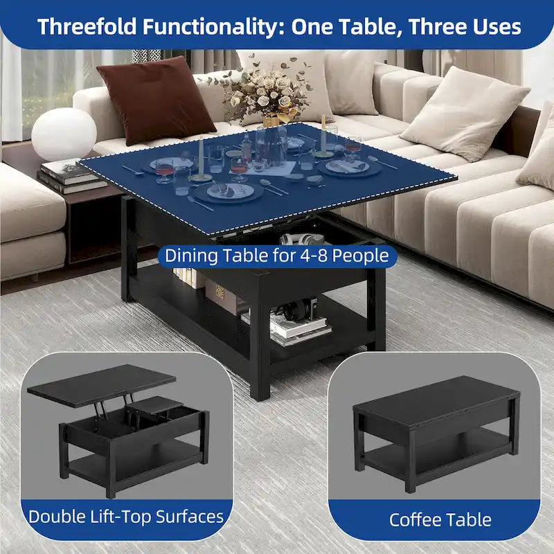 Moasis Farmhouse Lift-Top Coffee Table with Expandable Surface, Hidden Storage, and Shelf for Living Room 9