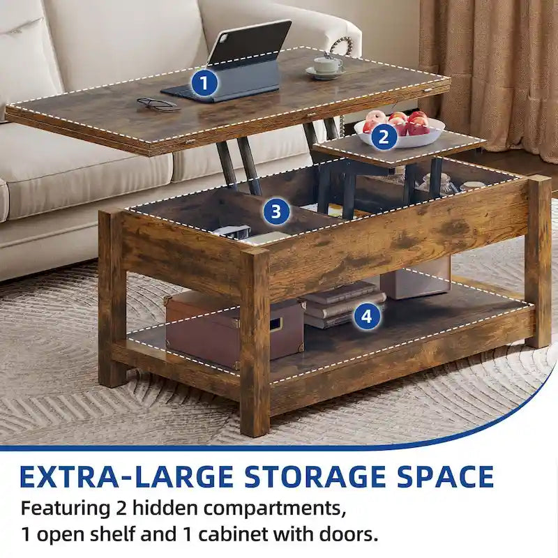 Moasis Farmhouse Lift-Top Coffee Table with Expandable Surface, Hidden Storage, and Shelf for Living Room 13