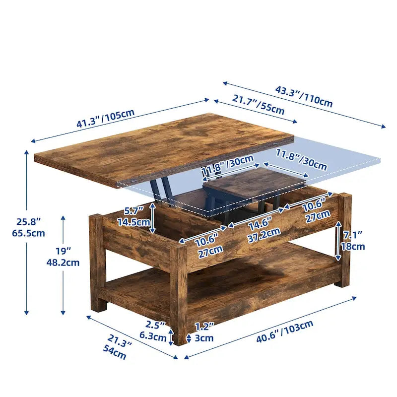 Moasis Farmhouse Lift-Top Coffee Table with Expandable Surface, Hidden Storage, and Shelf for Living Room 17