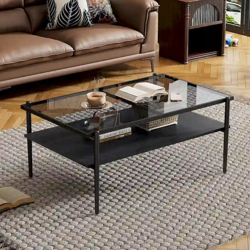 Modern Rectangular Coffee Table with Tempered Glass Surface for Living Room 28