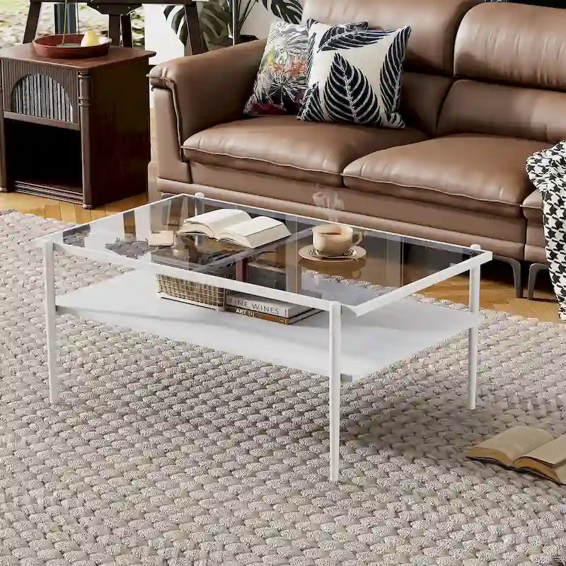 Modern Rectangular Coffee Table with Tempered Glass Surface for Living Room 30