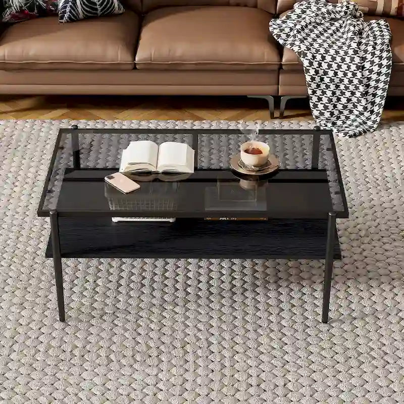 Modern Rectangular Coffee Table with Tempered Glass Surface for Living Room 2