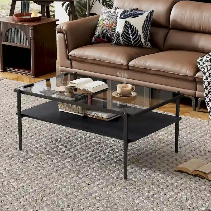 Modern Rectangular Coffee Table with Tempered Glass Surface for Living Room 3