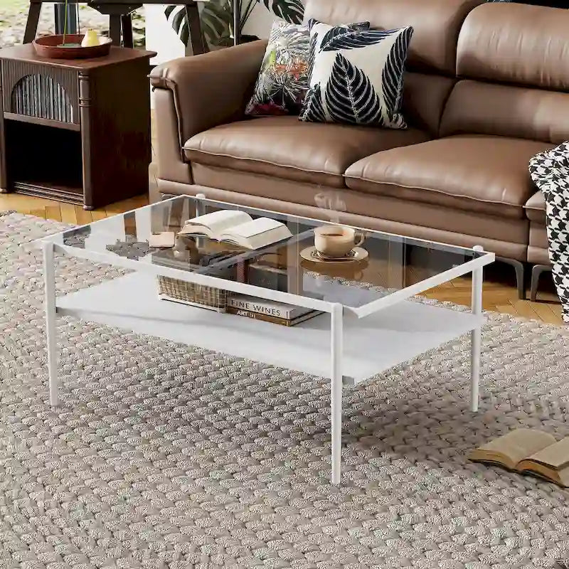Modern Rectangular Coffee Table with Tempered Glass Surface for Living Room 19