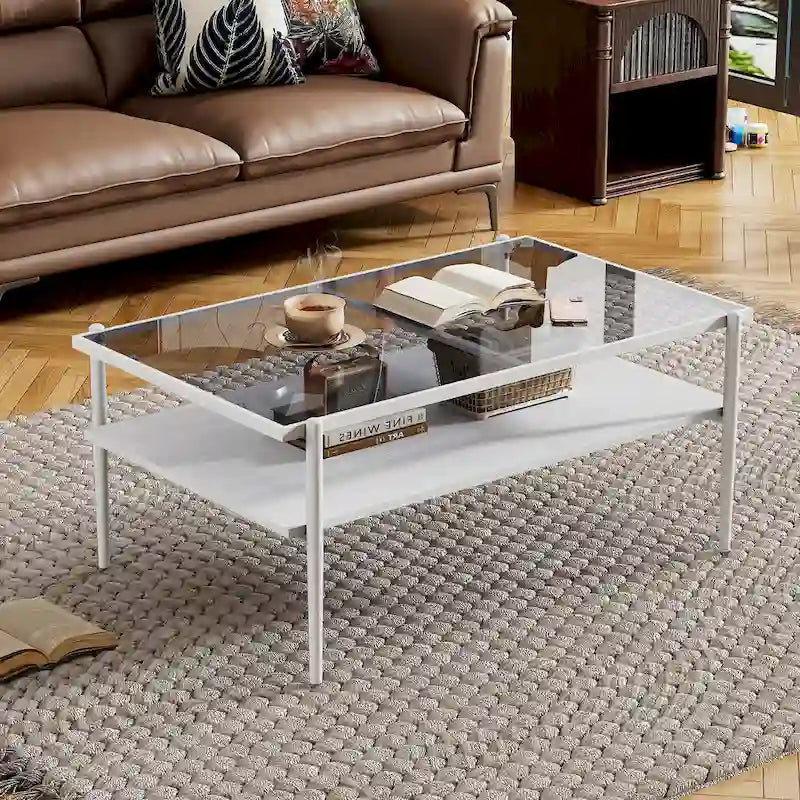 Modern Rectangular Coffee Table with Tempered Glass Surface for Living Room 20