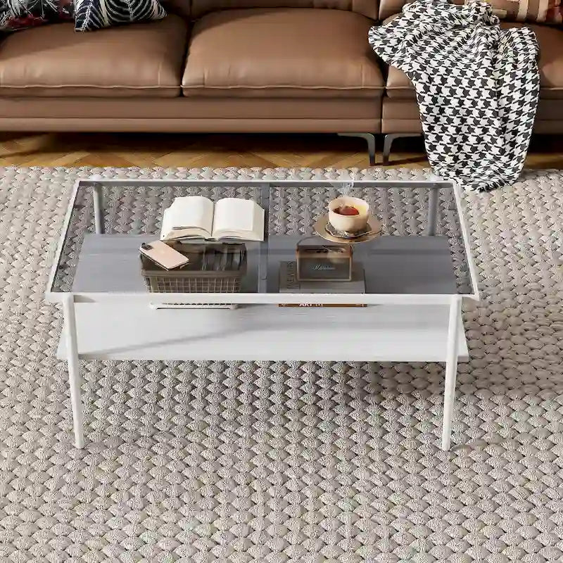 Modern Rectangular Coffee Table with Tempered Glass Surface for Living Room 21