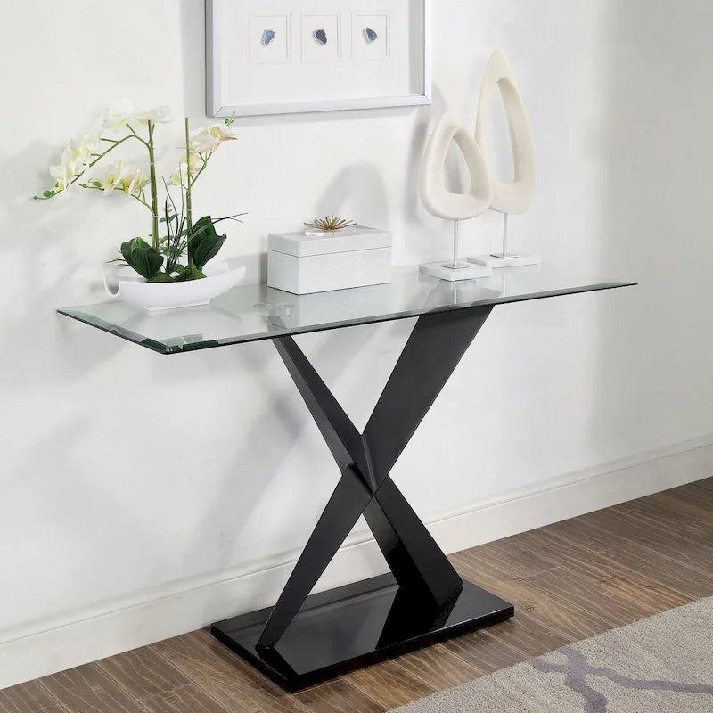 Furniture of America Gar Glam Black X-Base Glass-Top Sofa Table 4