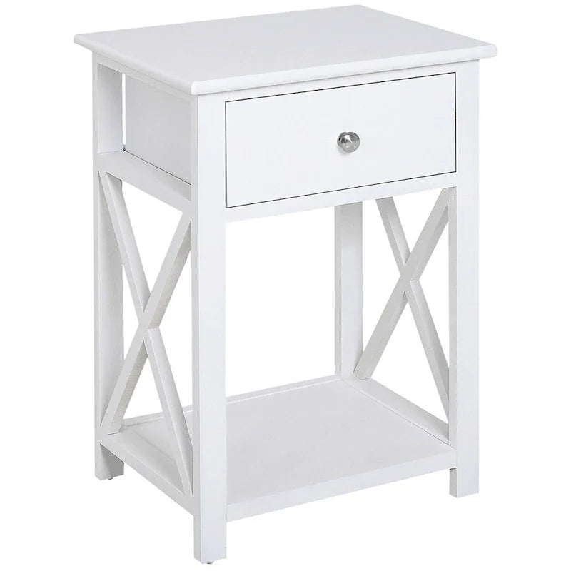 Farmhouse Style Side Table with Storage Drawer and Open Shelf, X-Frame Design, White Bedside Table for Living Room 1