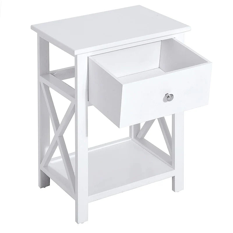 Farmhouse Style Side Table with Storage Drawer and Open Shelf, X-Frame Design, White Bedside Table for Living Room 2