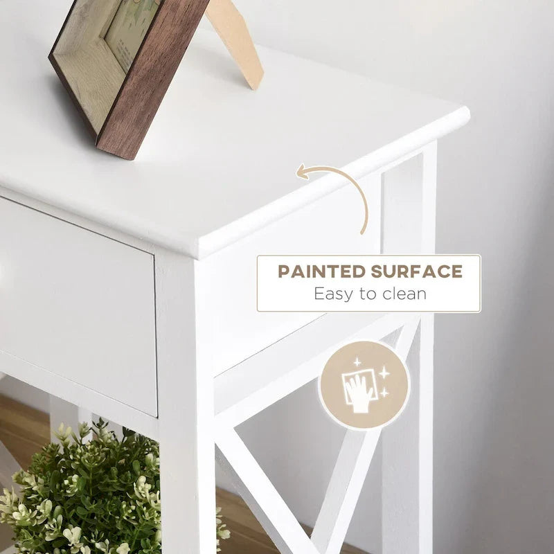 Farmhouse Style Side Table with Storage Drawer and Open Shelf, X-Frame Design, White Bedside Table for Living Room 3