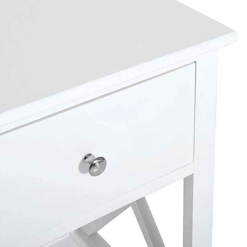 Farmhouse Style Side Table with Storage Drawer and Open Shelf, X-Frame Design, White Bedside Table for Living Room 4
