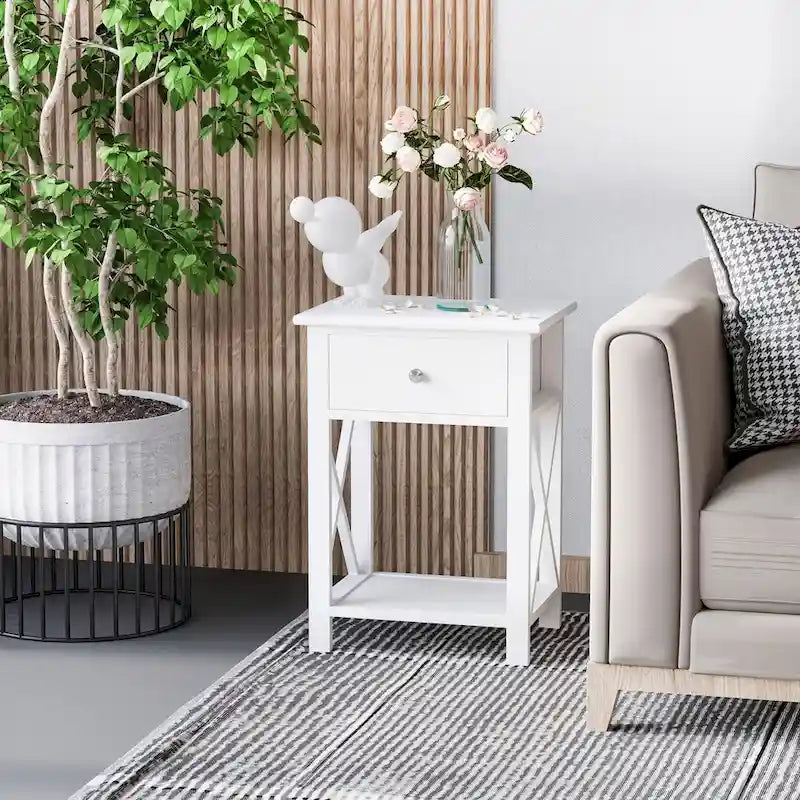 Farmhouse Style Side Table with Storage Drawer and Open Shelf, X-Frame Design, White Bedside Table for Living Room 5