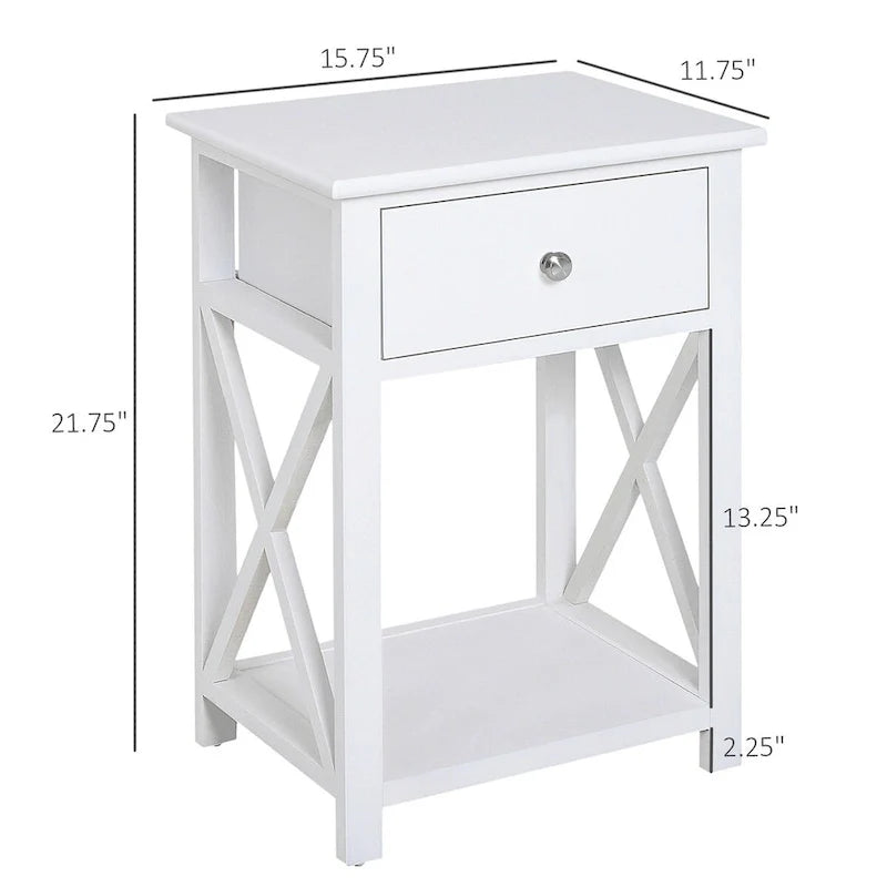 Farmhouse Style Side Table with Storage Drawer and Open Shelf, X-Frame Design, White Bedside Table for Living Room 6