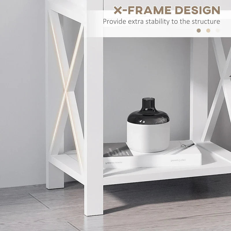 Farmhouse Style Side Table with Storage Drawer and Open Shelf, X-Frame Design, White Bedside Table for Living Room 7