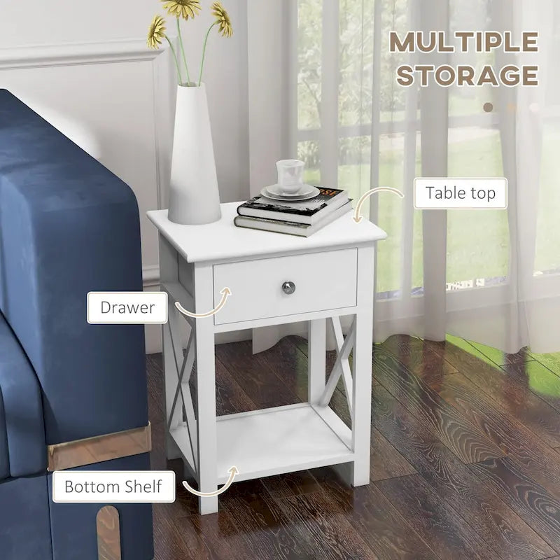 Farmhouse Style Side Table with Storage Drawer and Open Shelf, X-Frame Design, White Bedside Table for Living Room 8