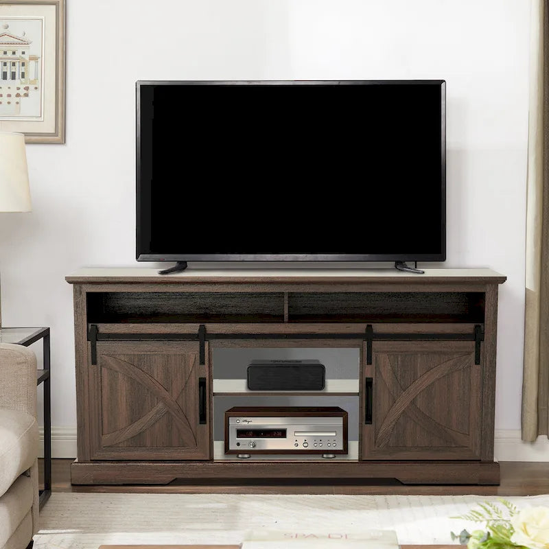 68-Inch Walnut Sliding Barn Door TV Stand Console with Open Storage Compartment 1