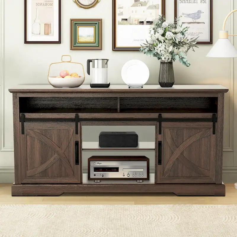 68-Inch Walnut Sliding Barn Door TV Stand Console with Open Storage Compartment 2