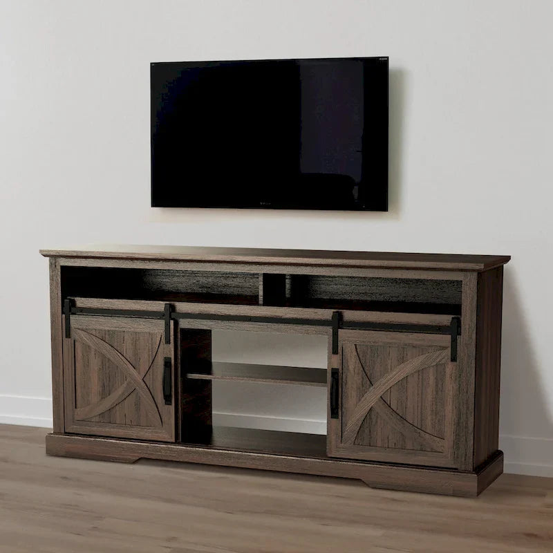 68-Inch Walnut Sliding Barn Door TV Stand Console with Open Storage Compartment 3