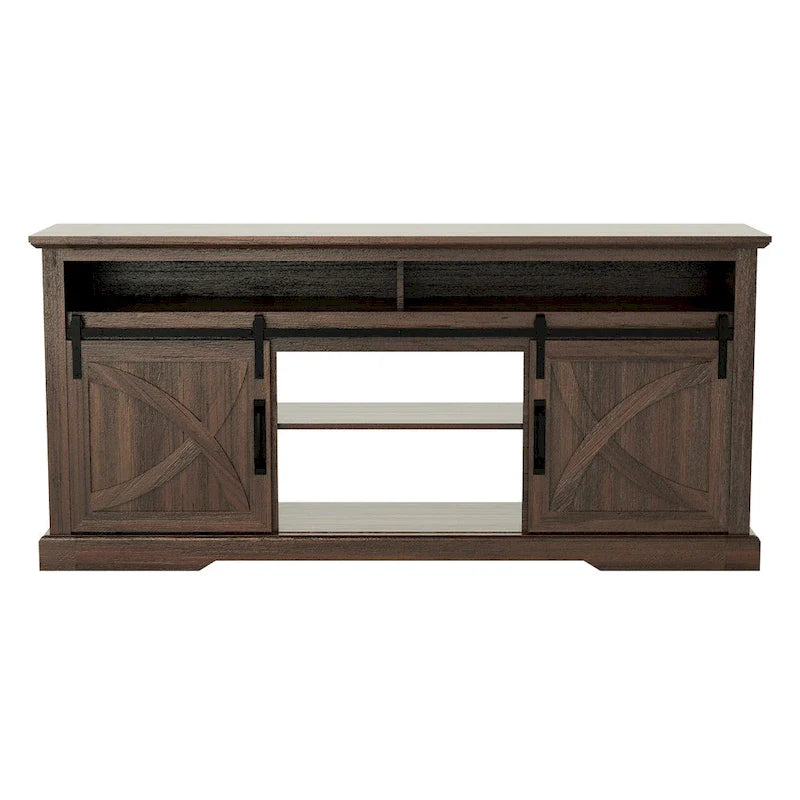 68-Inch Walnut Sliding Barn Door TV Stand Console with Open Storage Compartment 4