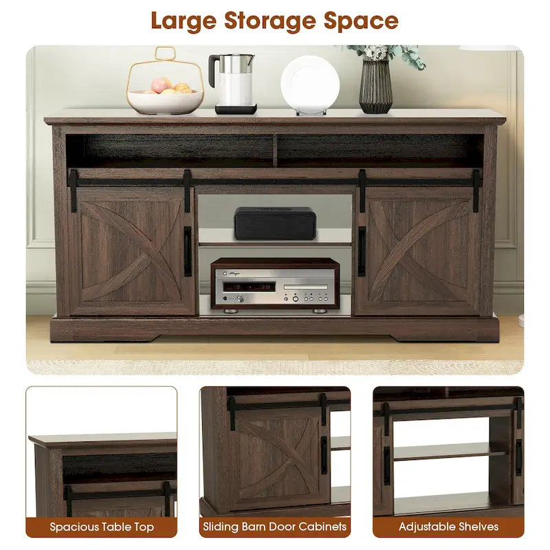68-Inch Walnut Sliding Barn Door TV Stand Console with Open Storage Compartment 5