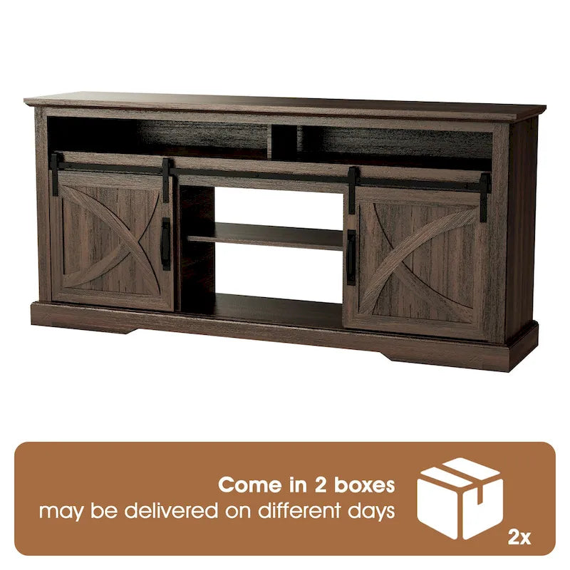 68-Inch Walnut Sliding Barn Door TV Stand Console with Open Storage Compartment 6